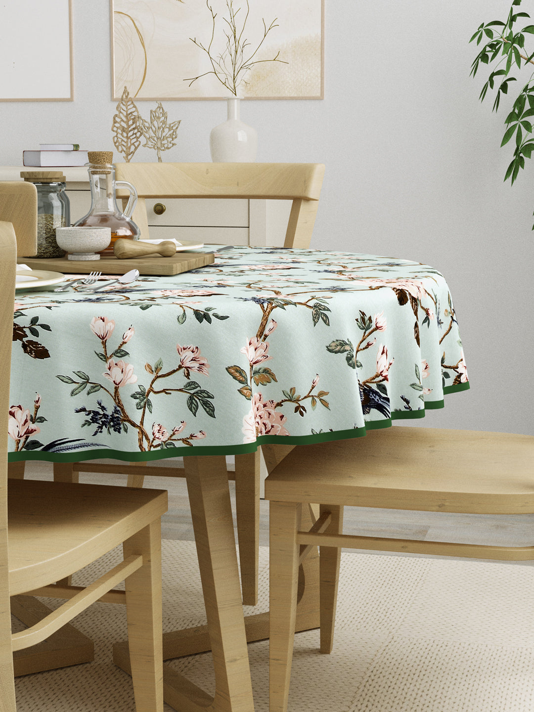 100% Cotton 4 Seater Round Table Cover; 60x60 Inches; Peach Flowers