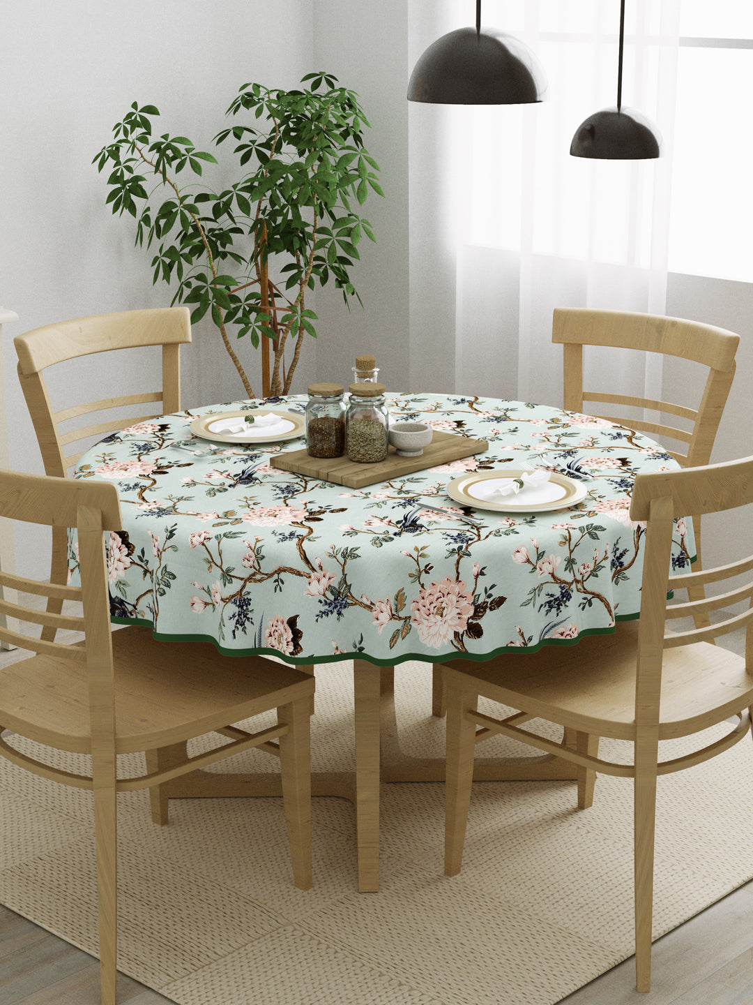 100% Cotton 4 Seater Round Table Cover; 60x60 Inches; Peach Flowers