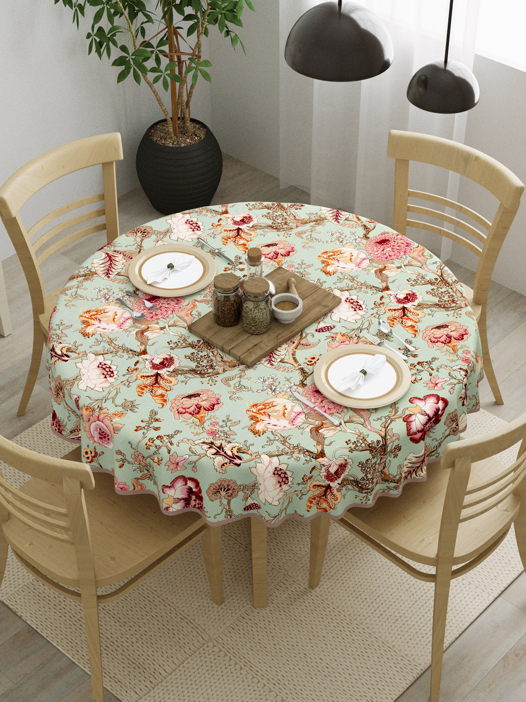 100% Cotton 4 Seater Round Table Cover; 60x60 Inches; Multicolor Flowers On Green