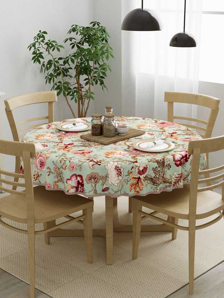 100% Cotton 4 Seater Round Table Cover; 60x60 Inches; Multicolor Flowers On Green