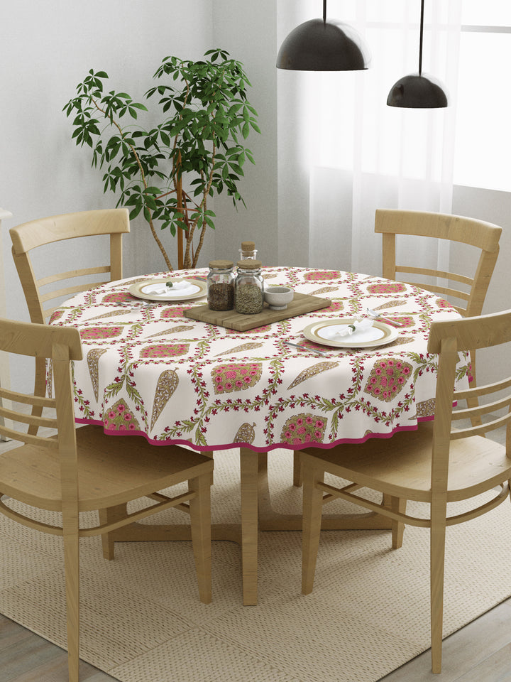 100% Cotton 4 Seater Round Table Cover; 60x60 Inches; Pink Beige Block Print