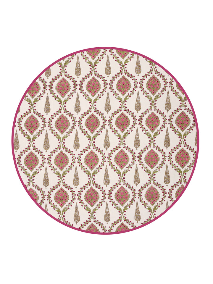 100% Cotton 4 Seater Round Table Cover; 60x60 Inches; Pink Beige Block Print