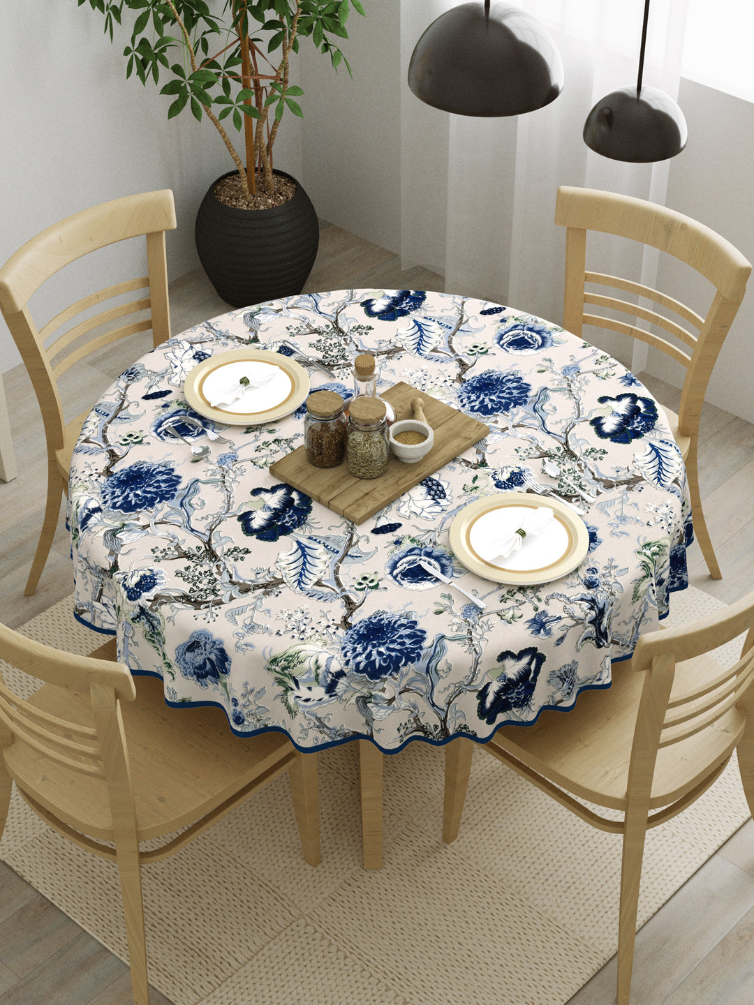 100% Cotton 4 Seater Round Table Cover; 60x60 Inches; Blue Flowers