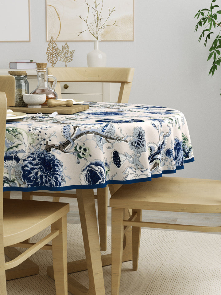 100% Cotton 4 Seater Round Table Cover; 60x60 Inches; Blue Flowers
