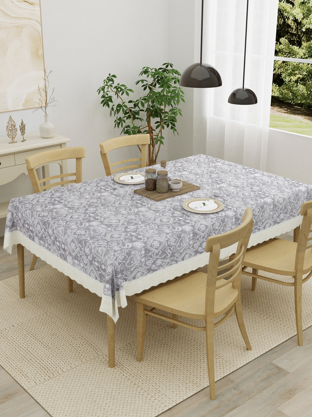 4 Seater Dining Table Cover; Material - PVC; Anti Slip; White Print On Grey