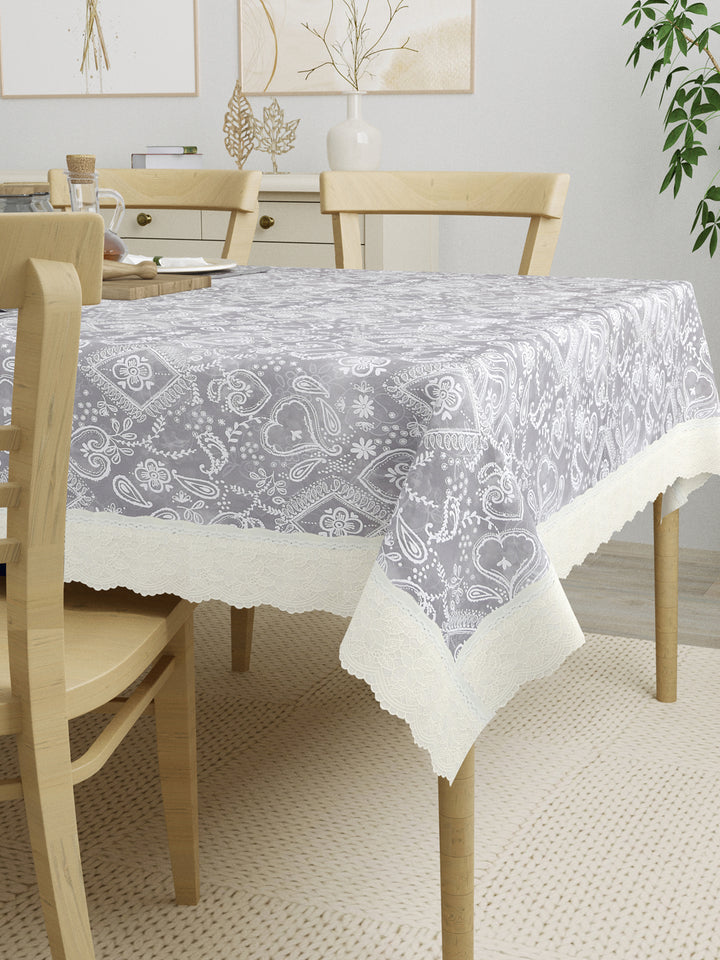 4 Seater Dining Table Cover; Material - PVC; Anti Slip; White Print On Grey