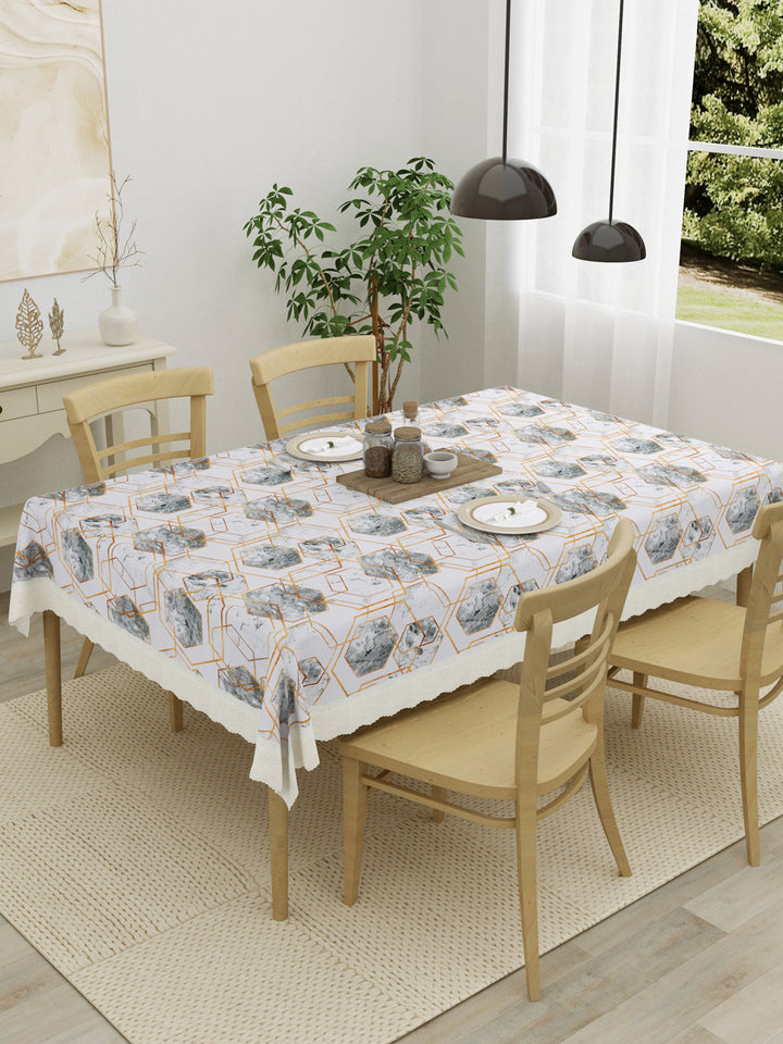 4 Seater Dining Table Cover; Material - PVC; Anti Slip; White Grey Marble Design