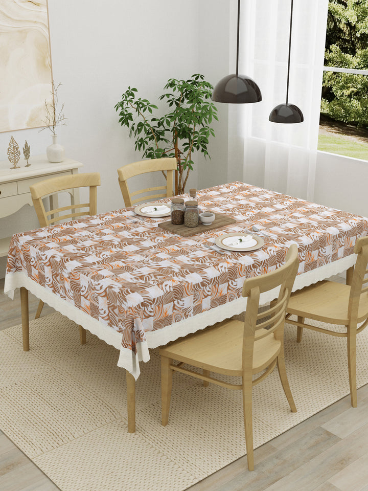 4 Seater Dining Table Cover; Material - PVC; Anti Slip; Brown & Orange Abstract
