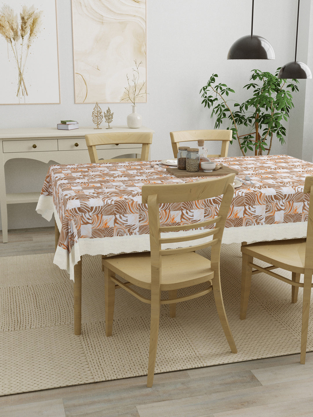 4 Seater Dining Table Cover; Material - PVC; Anti Slip; Brown & Orange Abstract