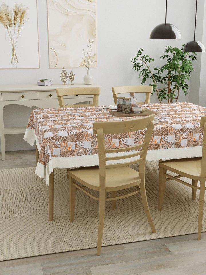 4 Seater Dining Table Cover; Material - PVC; Anti Slip; Brown & Orange Abstract