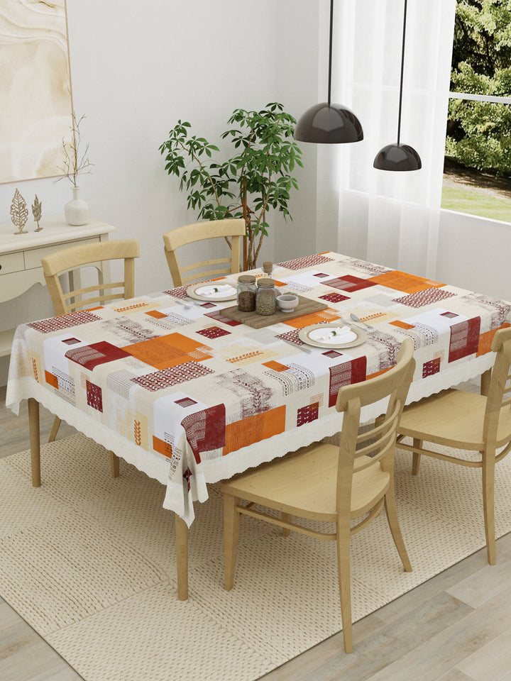 4 Seater Dining Table Cover; Material - PVC; Anti Slip; Orange & Maroon Checks