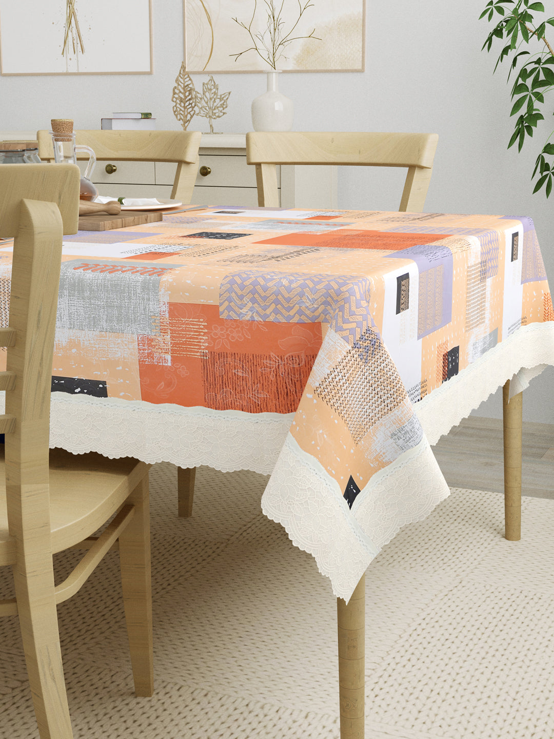 4 Seater Dining Table Cover; Material - PVC; Anti Slip; Peach Grey Checks On Beige