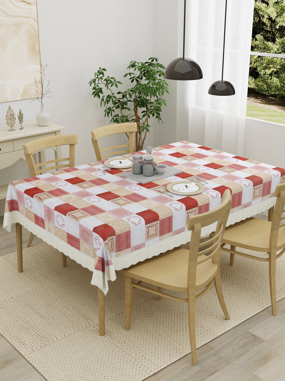 4 Seater Dining Table Cover; Material - PVC; Anti Slip; Beige, White & Maroon Checks