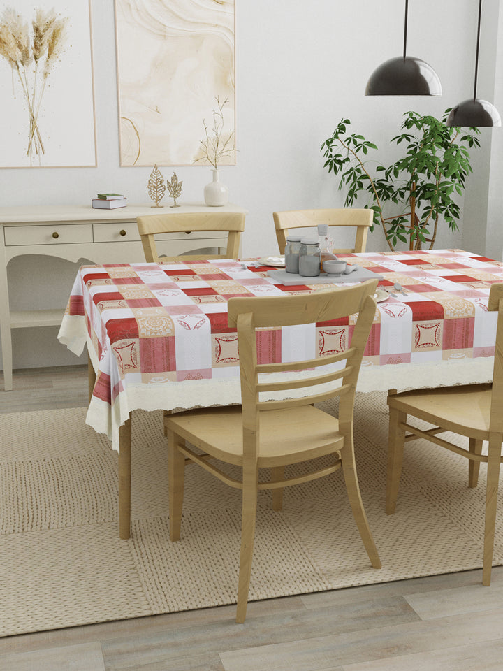 4 Seater Dining Table Cover; Material - PVC; Anti Slip; Beige, White & Maroon Checks