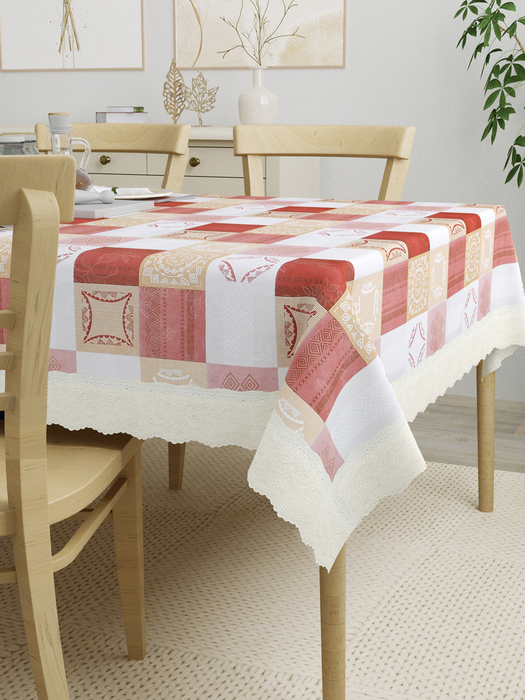 4 Seater Dining Table Cover; Material - PVC; Anti Slip; Beige, White & Maroon Checks
