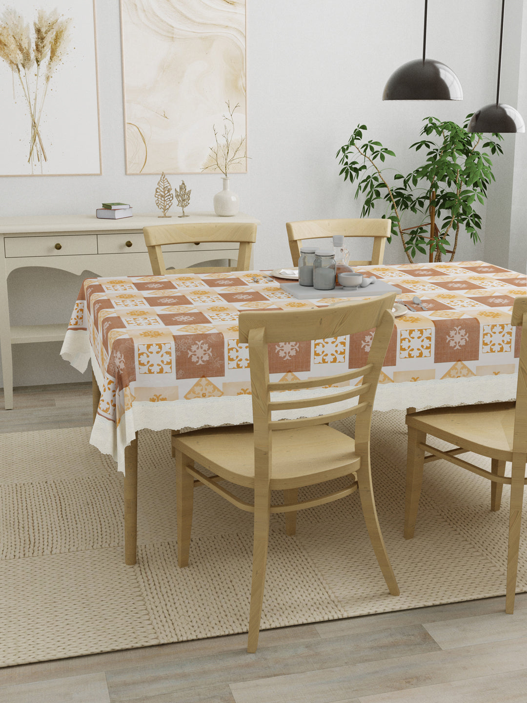 4 Seater Dining Table Cover; Material - PVC; Anti Slip; Brown & Yellow Checks