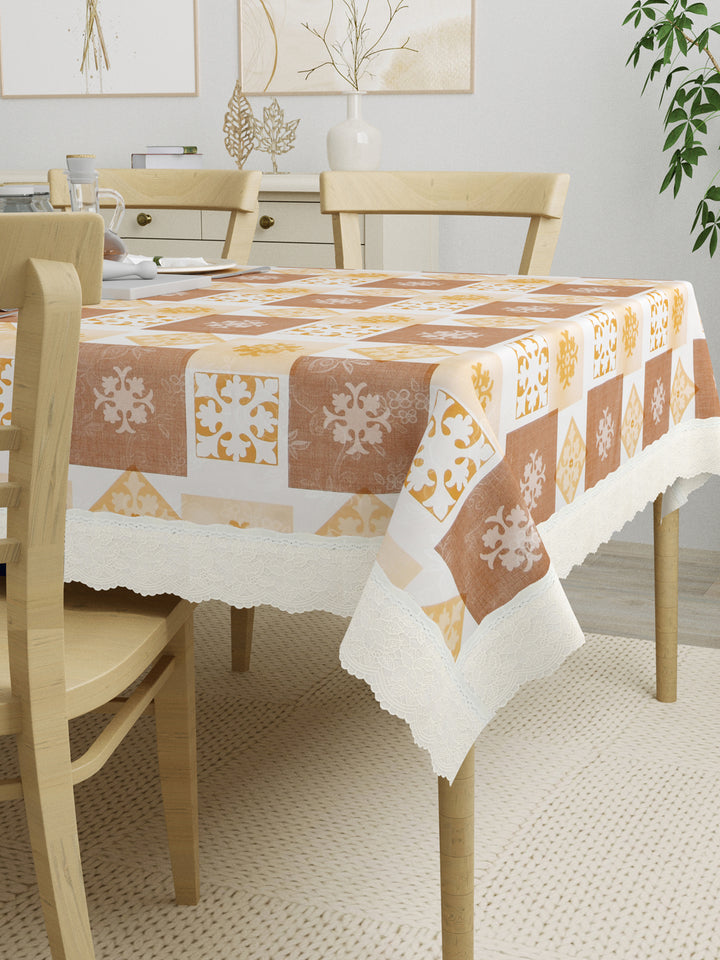4 Seater Dining Table Cover; Material - PVC; Anti Slip; Brown & Yellow Checks