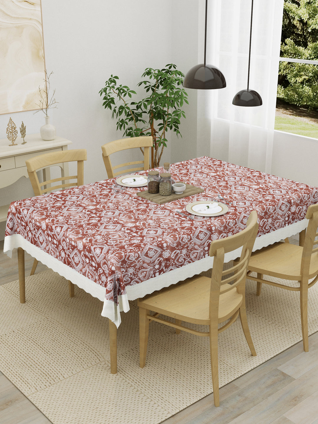 4 Seater Dining Table Cover; Material - PVC; Anti Slip; White Print On Brown