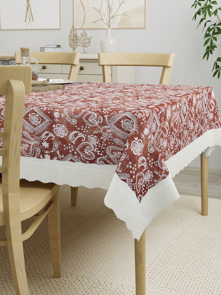 4 Seater Dining Table Cover; Material - PVC; Anti Slip; White Print On Brown