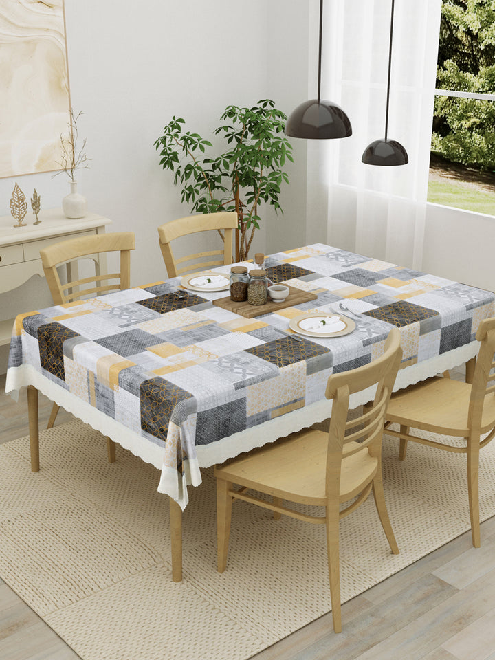 4 Seater Dining Table Cover; Material - PVC; Anti Slip; Black, Grey & Yellow Squares