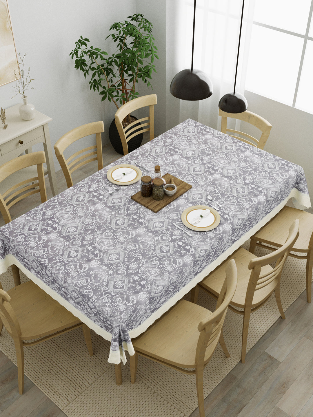 8 Seater Dining Table Cover; Material - PVC; Anti Slip; White Print On Grey
