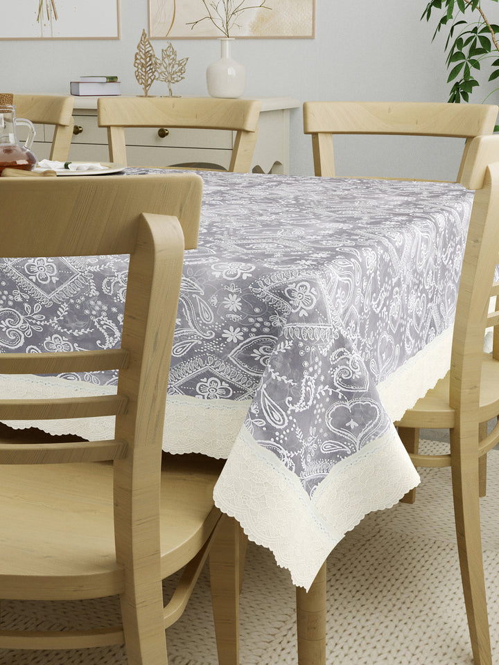 8 Seater Dining Table Cover; Material - PVC; Anti Slip; White Print On Grey