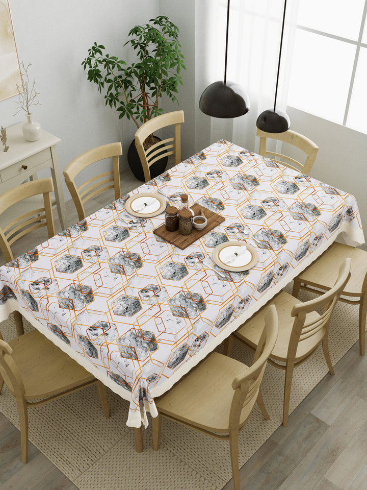 8 Seater Dining Table Cover; Material - PVC; Anti Slip; White Grey Marble Design