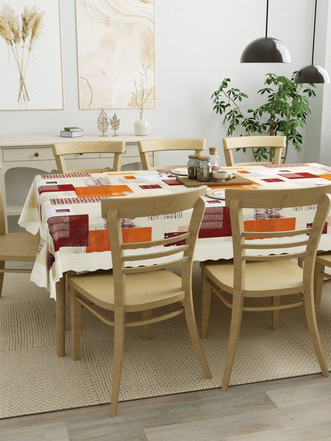 8 Seater Dining Table Cover; Material - PVC; Anti Slip; Orange & Maroon Checks