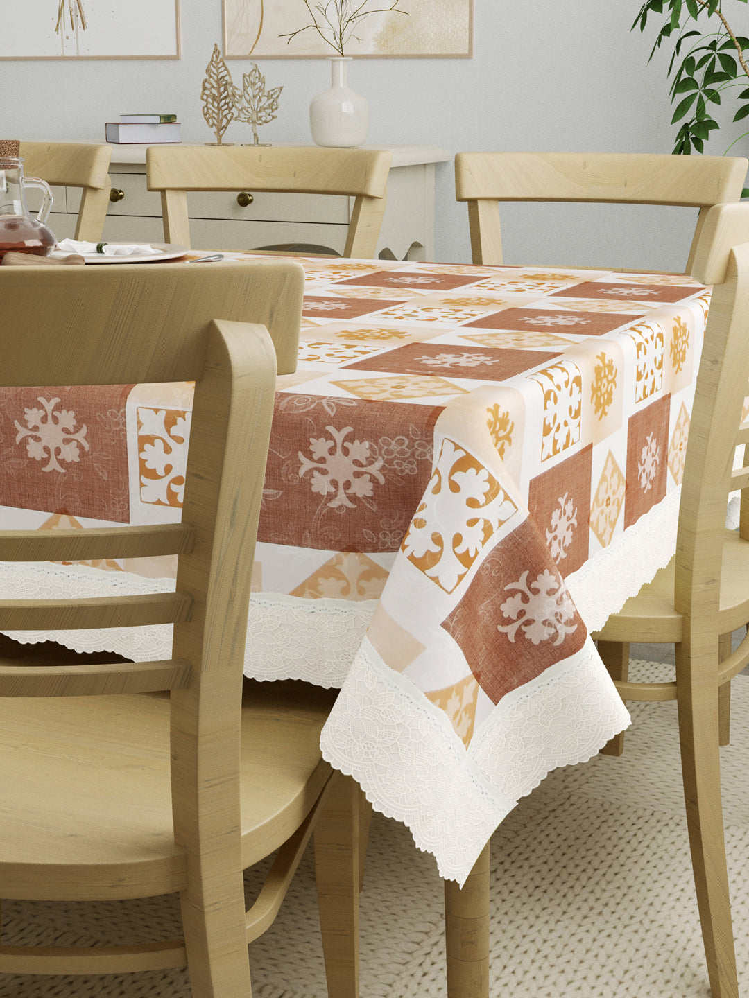 8 Seater Dining Table Cover; Material - PVC; Anti Slip; Brown & Yellow Checks