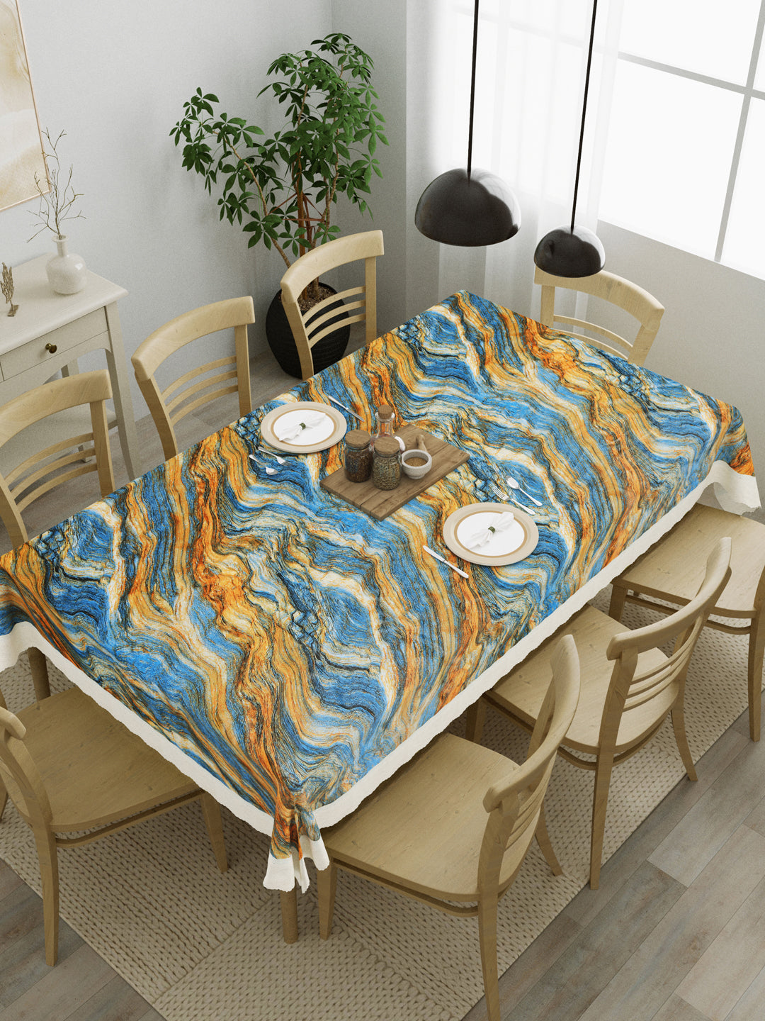 8 Seater Dining Table Cover; Material - PVC; Anti Slip; Blue & Golden Abstract