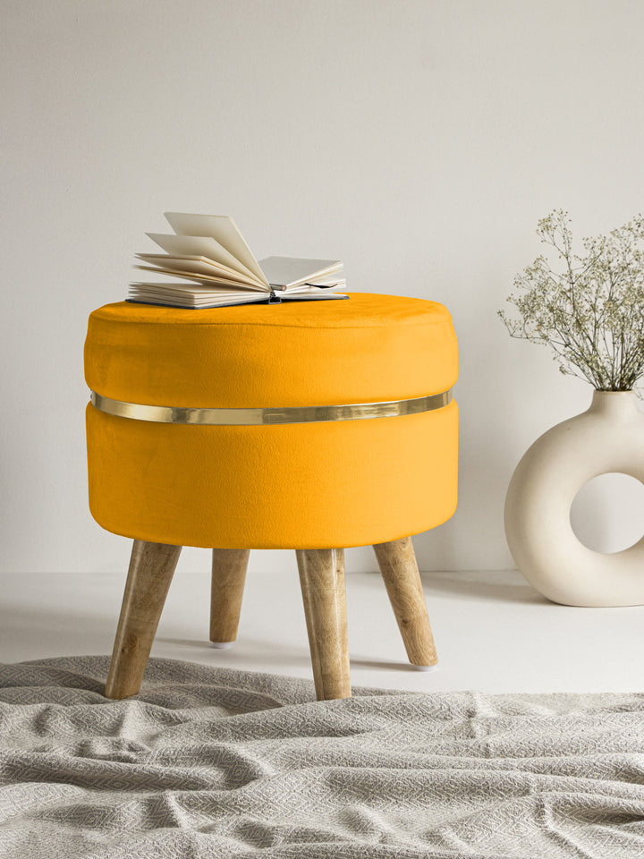 Suede Stool With Golden Ring & Wood Legs