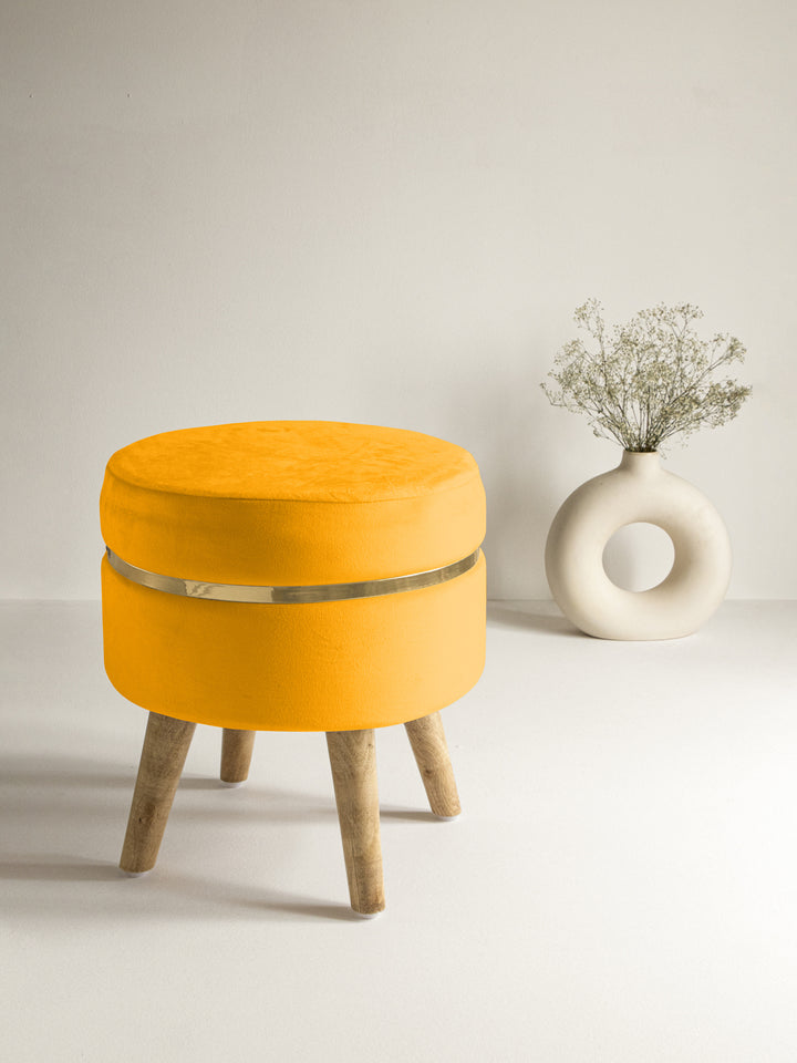 Bright Yellow Stool With Golden Ring & Wood Legs