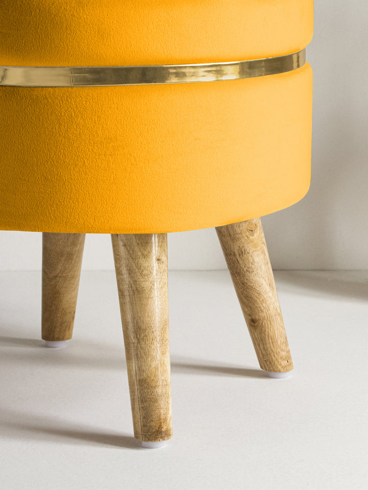 Suede Stool With Golden Ring & Wood Legs