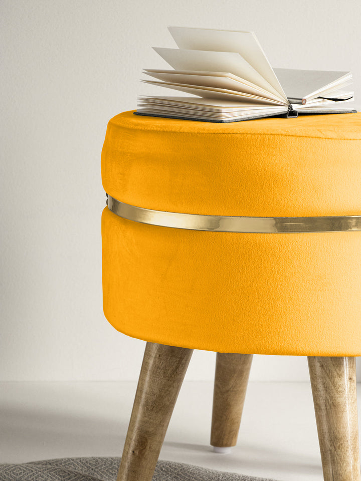Suede Yellow Stool With Golden Ring & Wood Legs