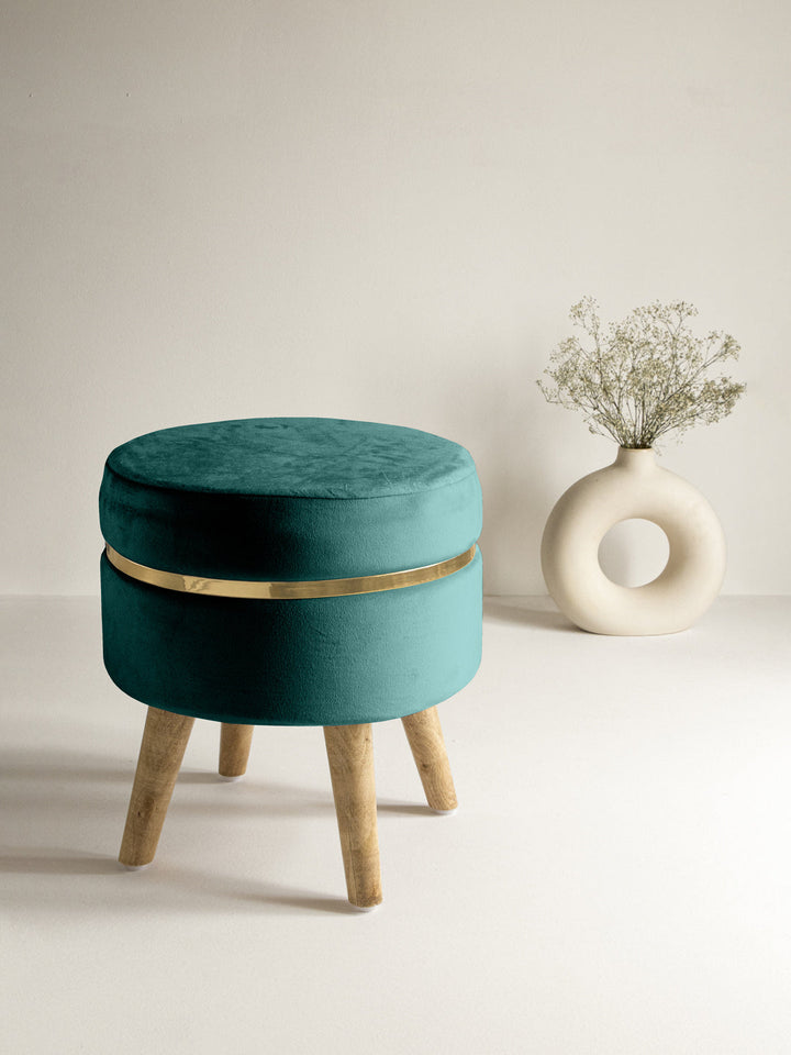 Suede Pine Green Stool With Golden Ring & Wood Legs