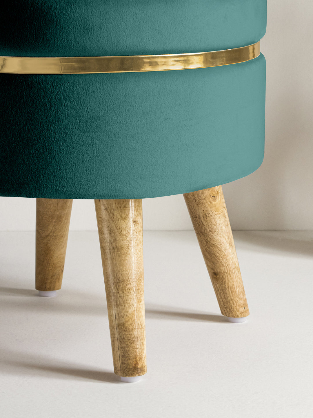 Suede Pine Green Stool With Golden Ring & Wood Legs