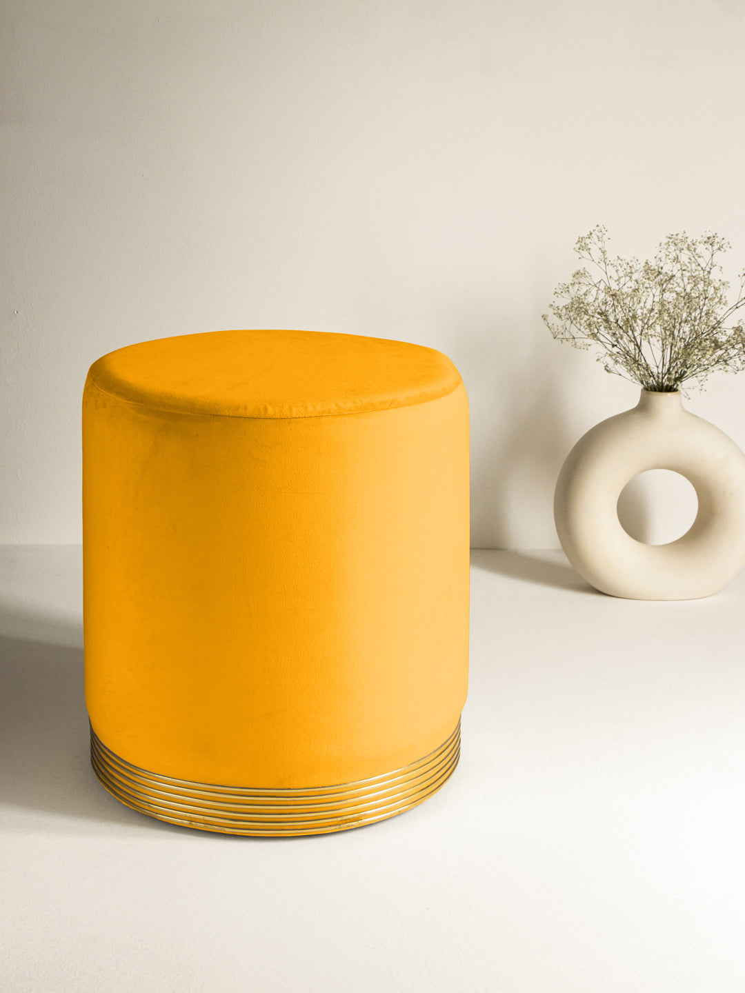 Suede Bright Yellow Stool With Gold Rings