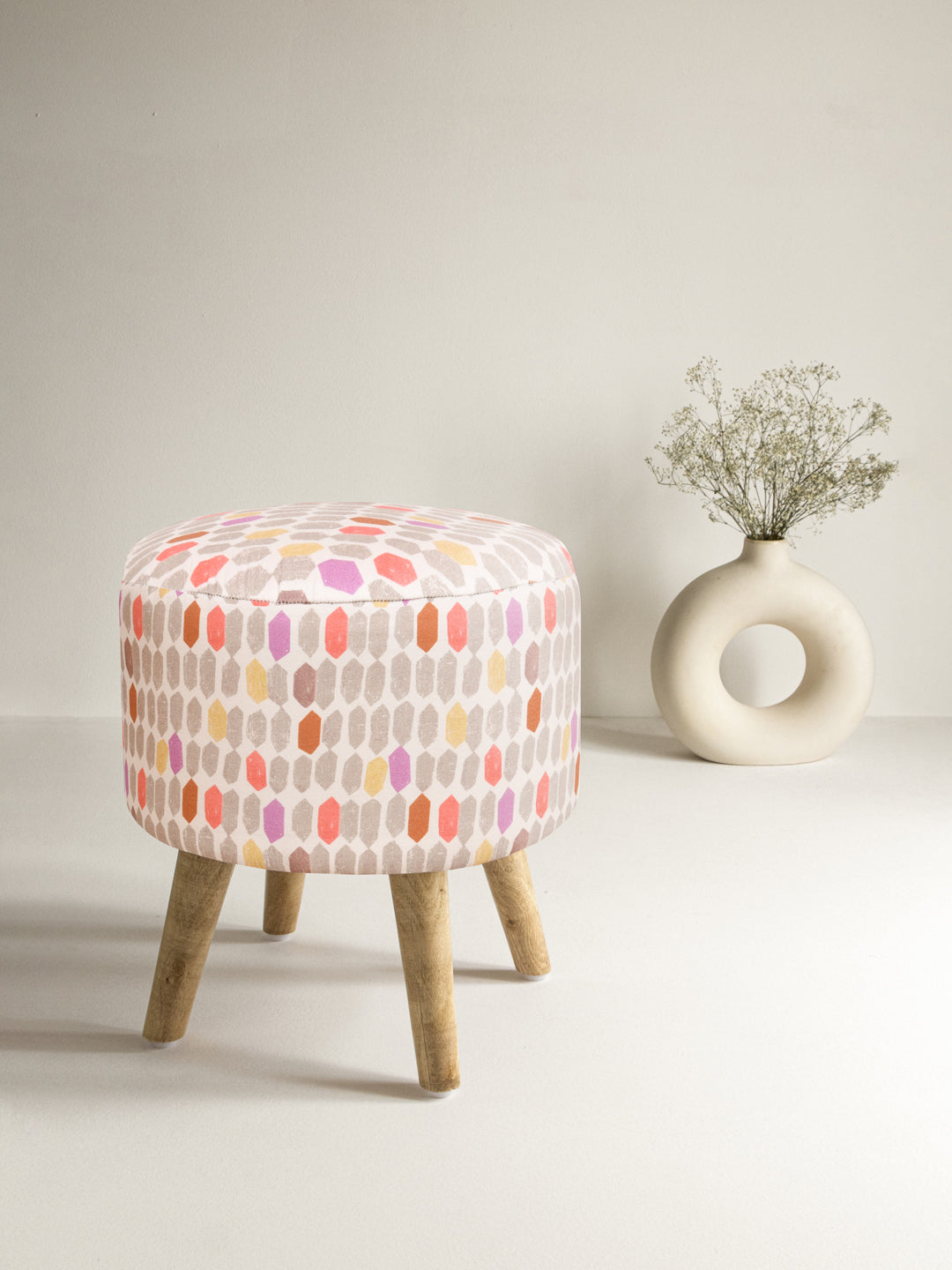 Stool With Wooden Legs; Multicolor Diagonals