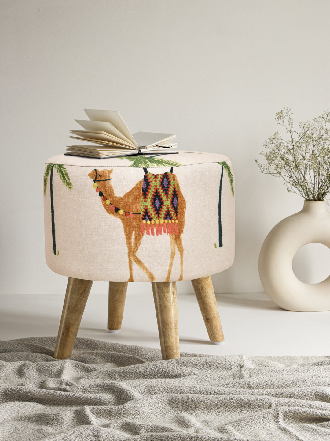 Stool With Wooden Legs; Camel On Beige