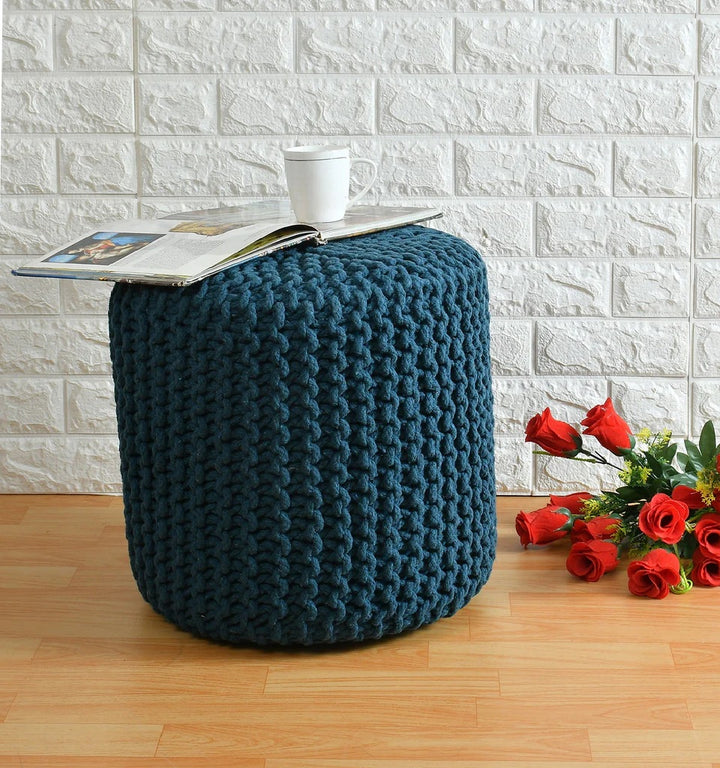 Knitted Cotton Ottoman/Stool; Tropical Blue
