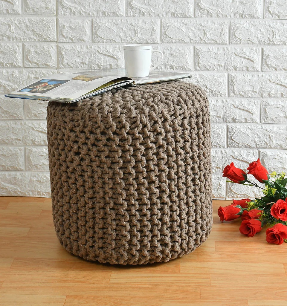 Knitted Cotton Ottoman/Stool; Taupe Brown