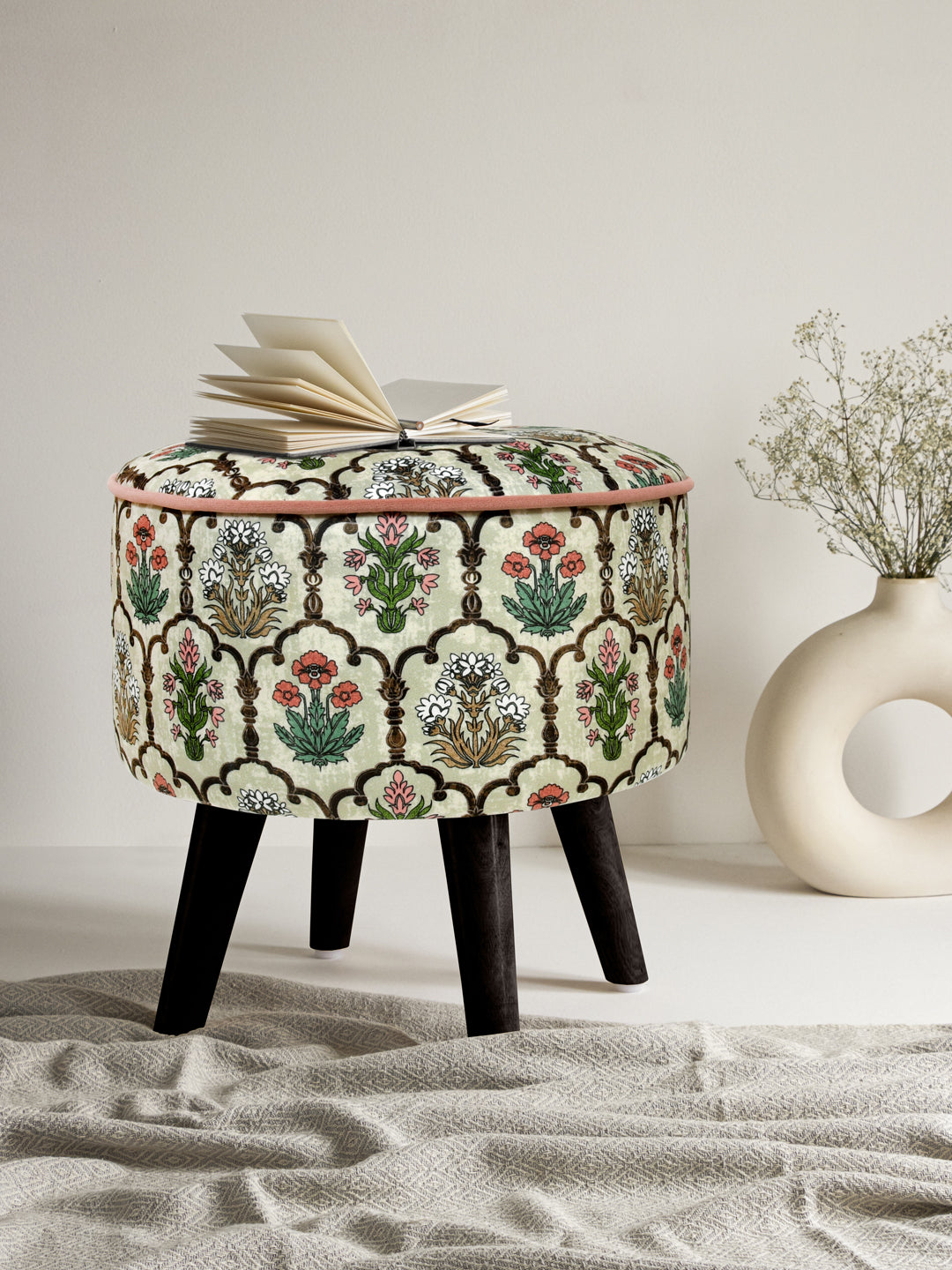 Flowers & Leaves Print Stool With Wooden Legs