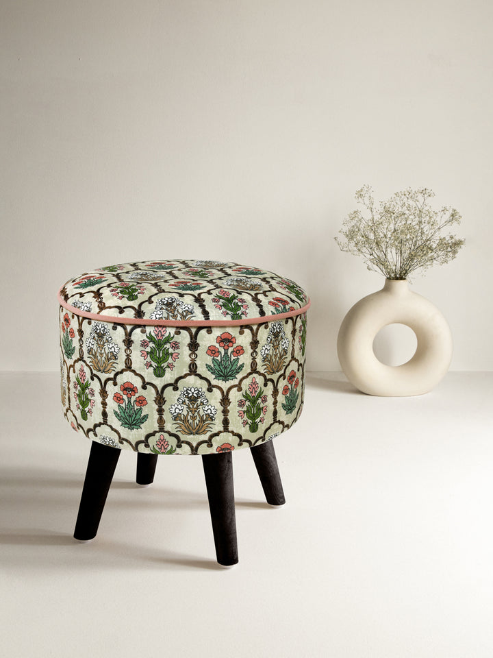 Flowers & Leaves Print Stool With Wooden Legs