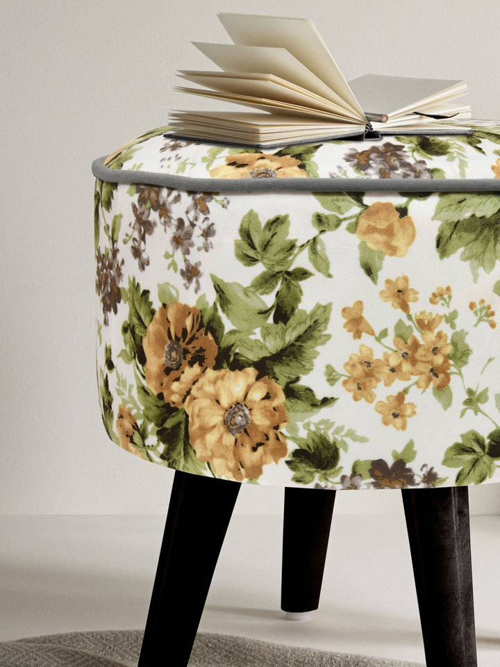 Yellow Flowers Print Ottoman With Wooden Legs