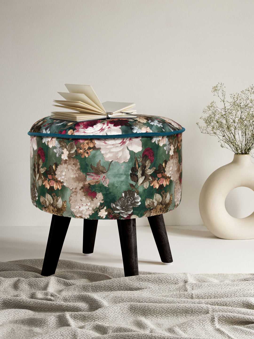 Multicolor Flowers Print Ottoman With Wooden Legs