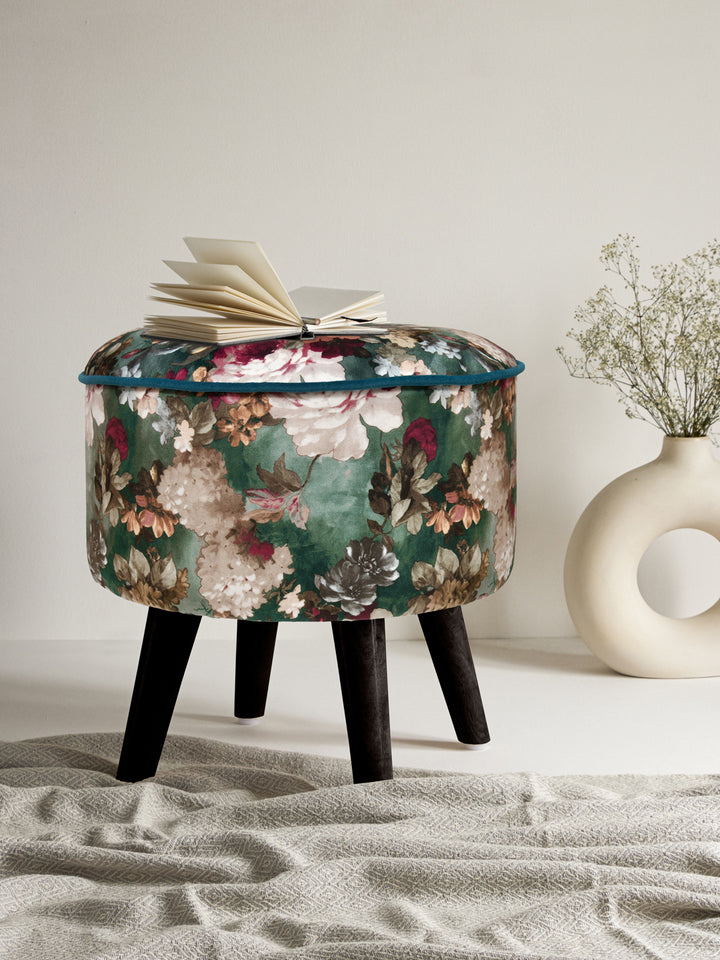 Multicolor Flowers Print Ottoman With Wooden Legs