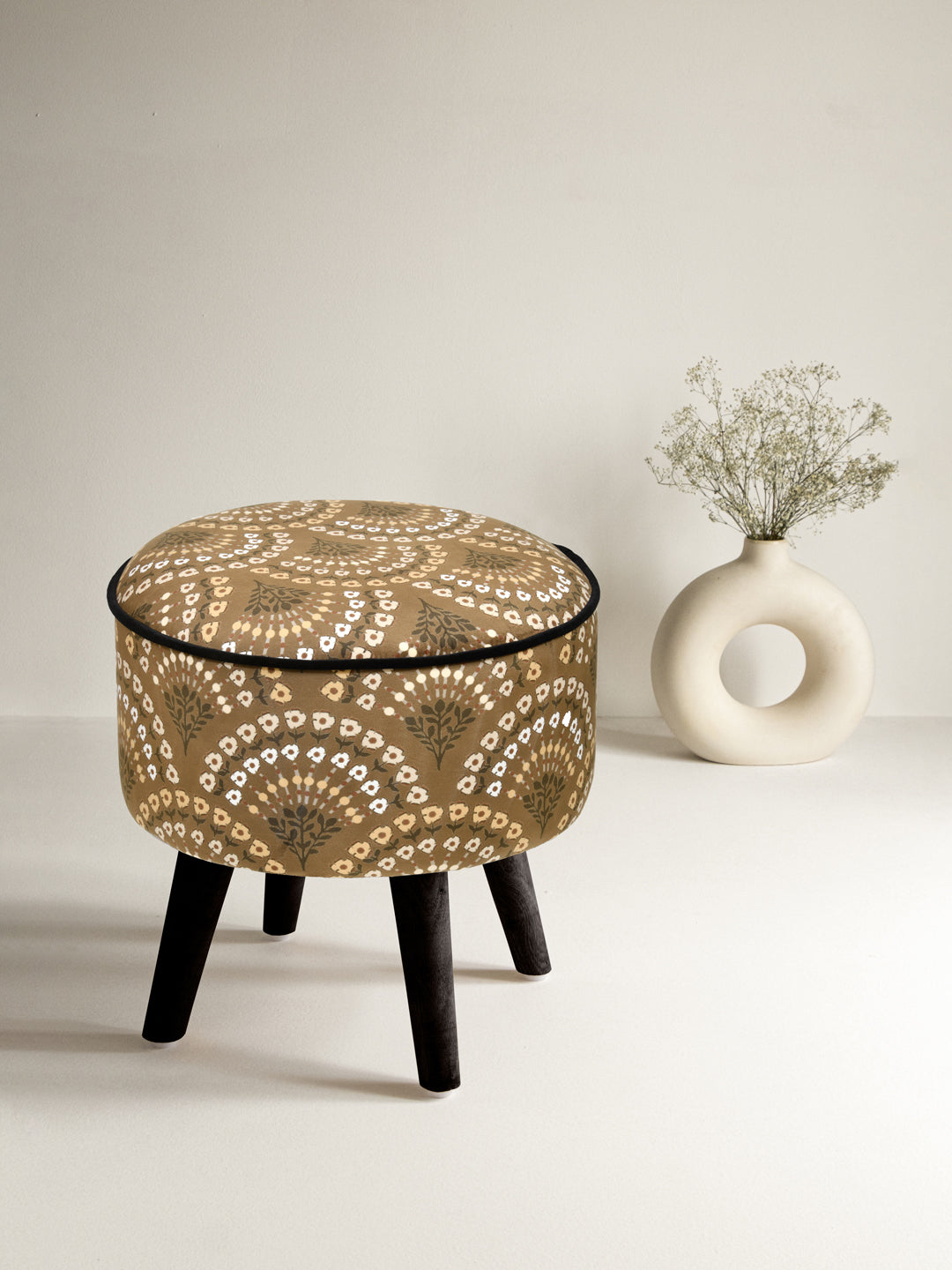 Brown Printed Ottoman With Wooden Legs