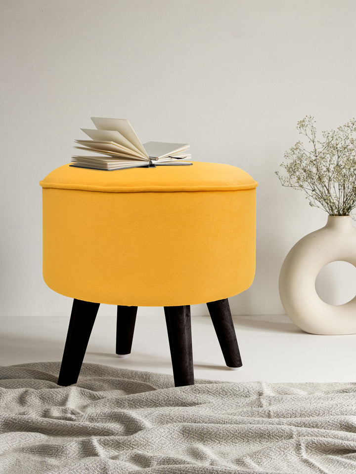 Sunglow Yellow Ottoman With Wooden Legs