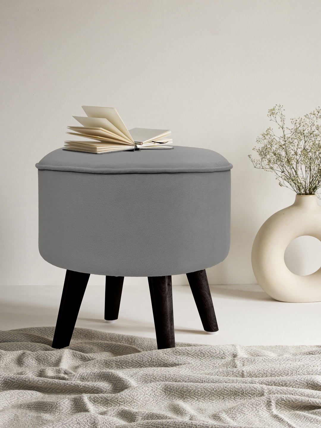 Aesthetic Grey Ottoman With Wooden Legs
