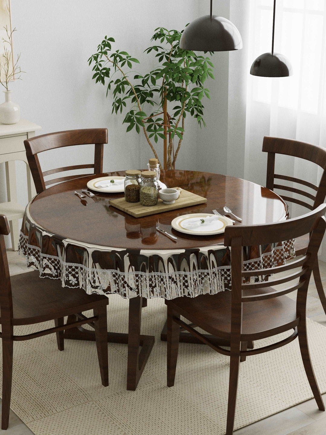 4 Seater Dining Table Cover; 60x60 Inches; Material - PVC; Anti Slip; Silver Lace